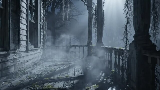 Spooky abandoned house porch with rocking chair in the mist