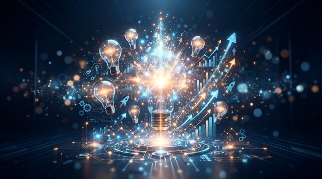 Conceptual visualization of business innovation and creative thinking featuring glowing light bulbs, growth charts, and digital technology elements representing future success and new ideas.