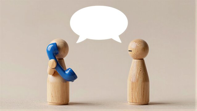Two wooden figures converse, one holding a blue phone with an empty speech bubble above.