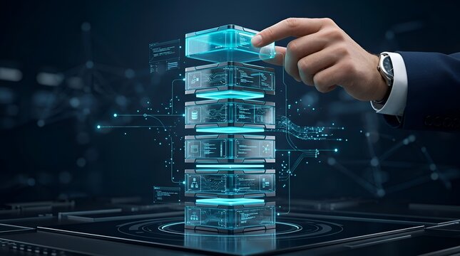 Businessman adjusting blockchain technology concept with digital glowing holographic cubes representing decentralized data storage, secure server network, and innovative financial infrastructure