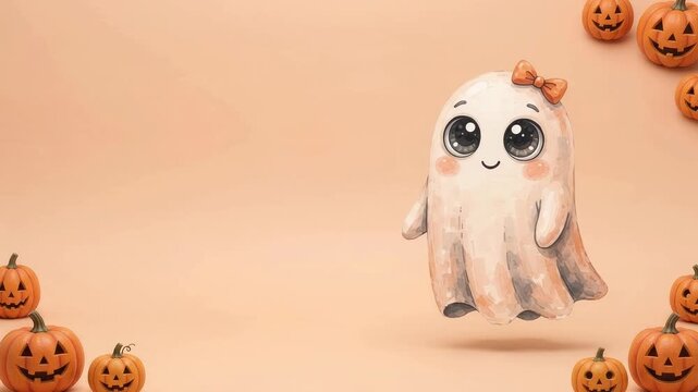 Folk art ghost sliding on peach halloween background with copy space