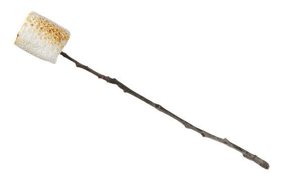 Twig with roasted marshmallow isolated on white