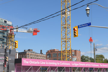Obraz premium construction site of Ontario Line, Corktown station now Distillery District station, at King Street East and Berkeley Street, Toronto