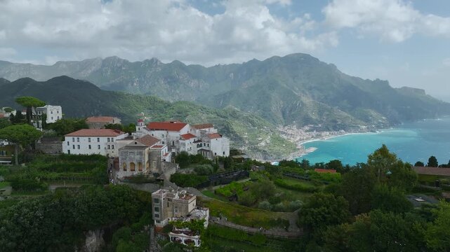 Ravello from a drone, Amalfi Coast, Tyrrhenian Sea, Salerno, Campania, Italy