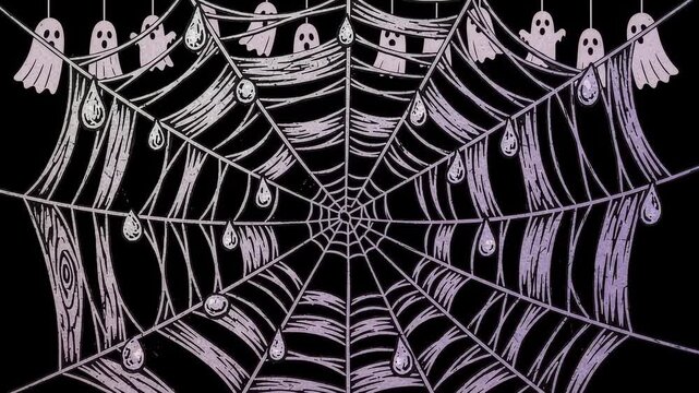 Lilac woodcut spiderweb breathing with paper ghosts on black background
