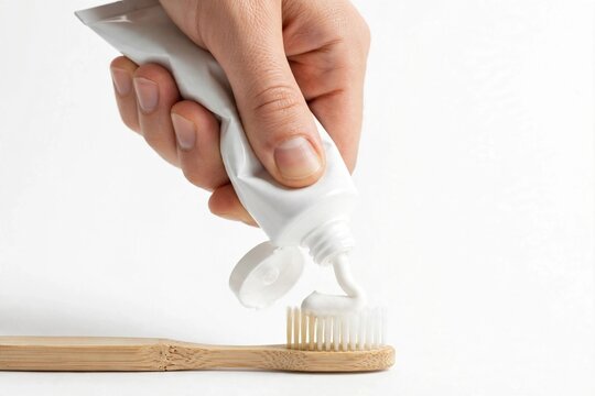 Hand Squeezing Toothpaste onto a Bamboo Toothbrush