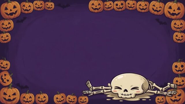 Kawaii skeleton stretching on purple halloween background copy space
