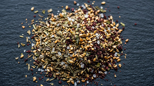 Za'atar Spice Blend: Herbs, Sesame Seeds, Sumac, and Salt on Dark Stone