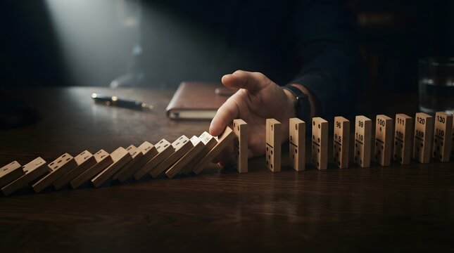 Businessman hand stopping falling wooden dominoes on office desk, representing risk management, crisis prevention, and stopping the chain reaction in business strategy and problem solving.