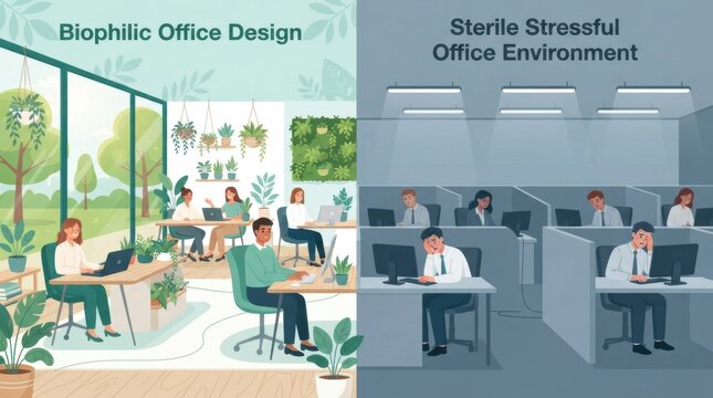 Different office designs show how nature and plants can support relaxation while sterile spaces may increase stress in work settings.