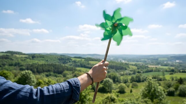 Close-up of a person holding a spinning green pinwheel towards the blue sky over a lush rural landscape, representing renewable wind energy, environmental sustainability, and ecological hope.