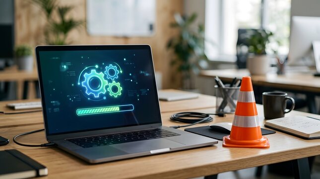 Modern laptop on a wooden desk displaying glowing gear icons and a loading bar, symbolizing digital maintenance, system update, website under construction, or software optimization in a blurred