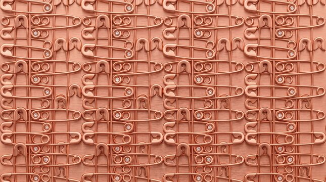 Macro textured pattern of rose gold safety pins, seamless background