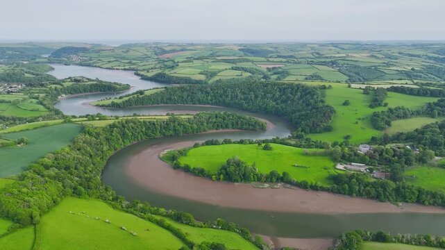 Farms and Fields over River Dart from a drone, Stoke Gabriel, Totnes, Devon, England, United Kingdom
