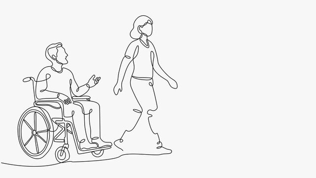 Diverse Disability Group Walking Inclusion Continuous Line Art Animation White Background