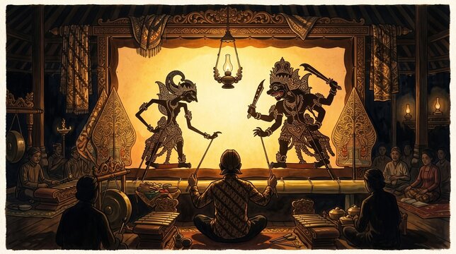 Traditional indonesian wayang kulit shadow puppet glowing screen