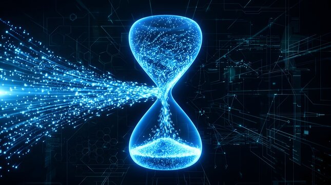 Futuristic digital hourglass concept with glowing blue particles and data light beams flowing into a sand clock shape representing time management and deadline in a high tech network environment