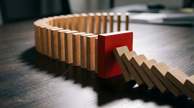Red Wooden Block Stopping the Domino Effect Chain Reaction of Falling Tiles on a Table to Symbolize Crisis Management, Risk Prevention, Leadership, and Strength in Business Strategy Concept