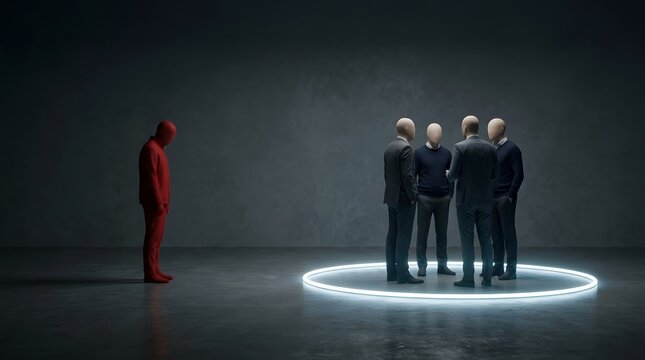 Conceptual illustration of a red figure standing isolated from a group of business professionals gathered inside a glowing neon circle, symbolizing social exclusion, loneliness and non-conformity.