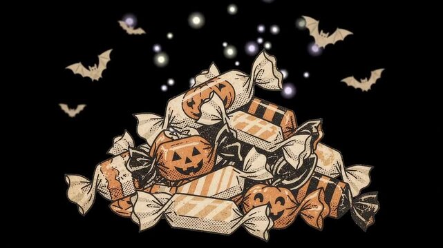 Retro halloween candy pile swaying with bats on black background