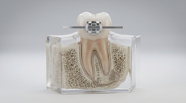Single Tooth with Fixed Orthodontic Bracket in Anatomical Alveolar Bone Section Showing Root and Periodontal Ligament