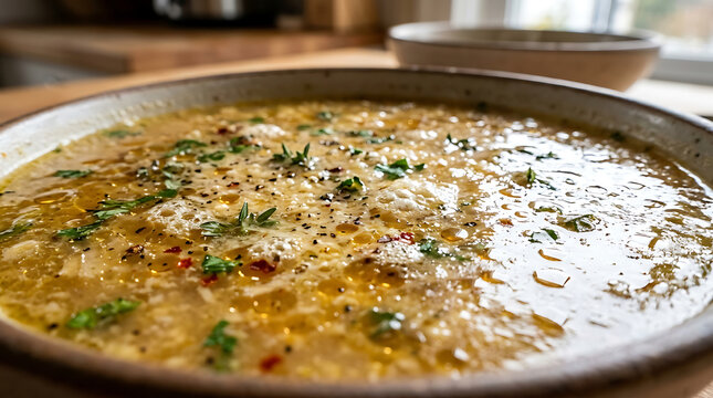 Hearty Homemade Soup with Fresh Herbs and Seasoning, Close-up
