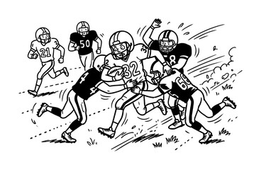 Fototapeta premium American Football Match Sketch with Players Tackling Ball Carrier on Field.