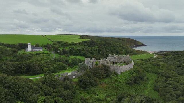 Manorbier Castle from a drone, Manorbier, Tenby, Wales, England, United Kingdom