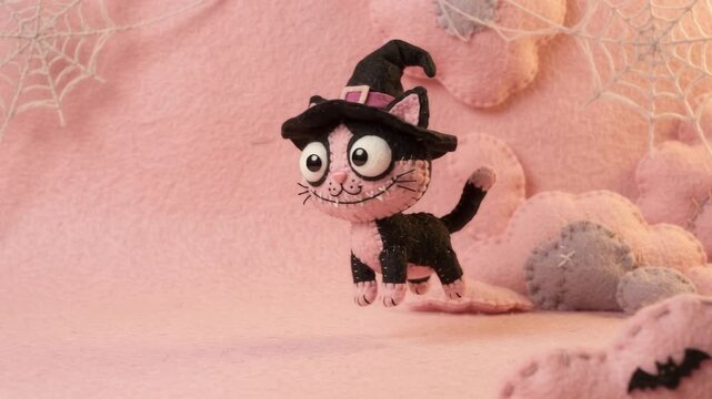Felt witch cat floating across pink halloween copy space background