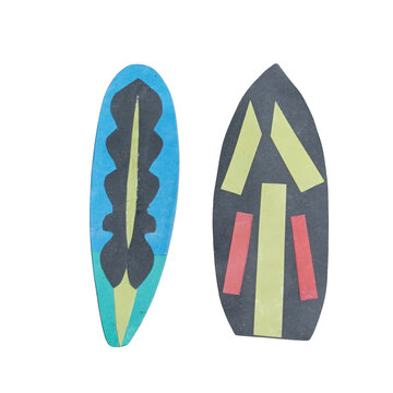 Two surfboard shaped paper cutouts with abstract geometric patterns in blue, black, yellow, and red on a white background display isolated on a transparent background