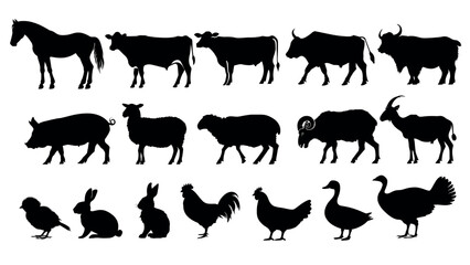 Fototapeta premium Silhouettes of various farm animals vector set