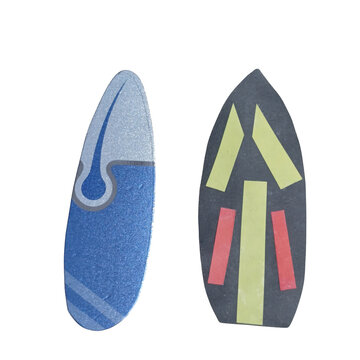 Two surfboard shaped paper cutouts with colorful geometric patterns arranged on a white background, for creative craft, and projects isolated on a transparent background