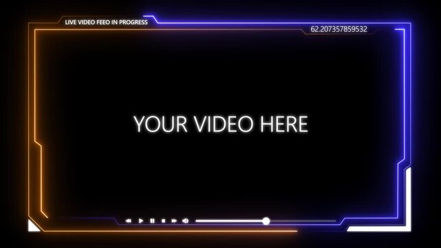 Abstract neon tech frame border on black background with glowing green and red lines, futuristic HUD style, empty copy space for text or banner.