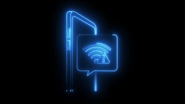 neon smartphone No internet connection found icon animation on black background. Lost Wireless Connection. No WIFI. mobile phone no WIFI signal. 4k motion video