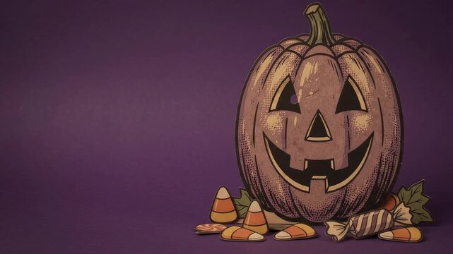 Jack o lantern card decoration stretching on purple copy space background
