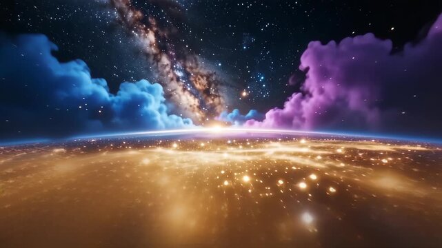Colorful cosmic scene with stars and horizon glow