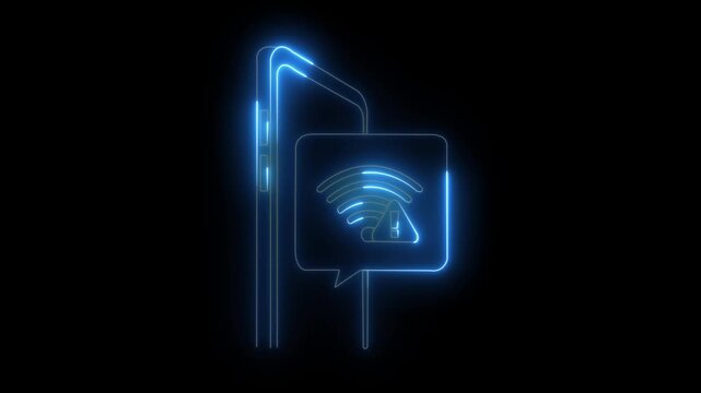 neon smartphone No internet connection found icon animation on black background. Lost Wireless Connection. No WIFI. mobile phone no WIFI signal. 4k motion video