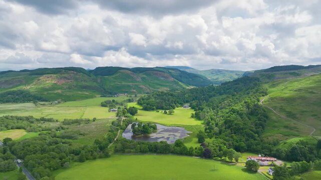 Loch Feochan and Feochan Bheag River from a drone, Feochan Glen, Oban, Argyll and Bute, West Highlands, Scotland, UK