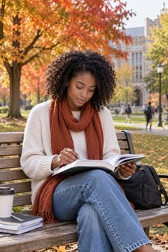 Female college student writing in notebook on park bench under orange autumn trees on university campus. Higher education learning during fall season. Study, campus life and back. Vertical