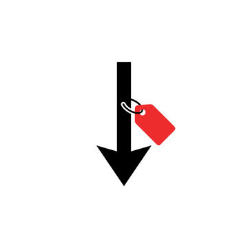 Black downward arrow with a red price tag attached symbolizing price reduction or sale PNG Isolated on transparent background