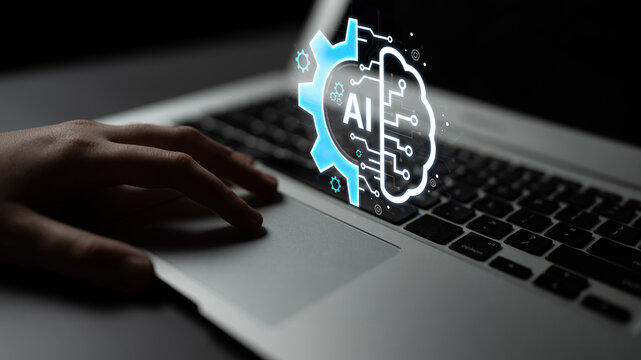 Concept of Artificial Intelligence combining industrial automation with cognitive technology. A machine learning brain processes information to optimize mechanical systems and workflows. Fermion