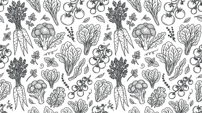 Black and white hand drawn seamless pattern of fresh vegetables including carrots, tomatoes, and broccoli.