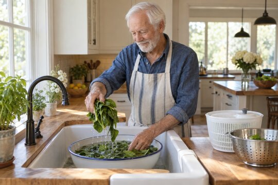 Senior man washing fresh spinach leaves in kitchen sink at home. Elderly person preparing leafy greens for cooking. Healthy food, home cooking and nutrition concept