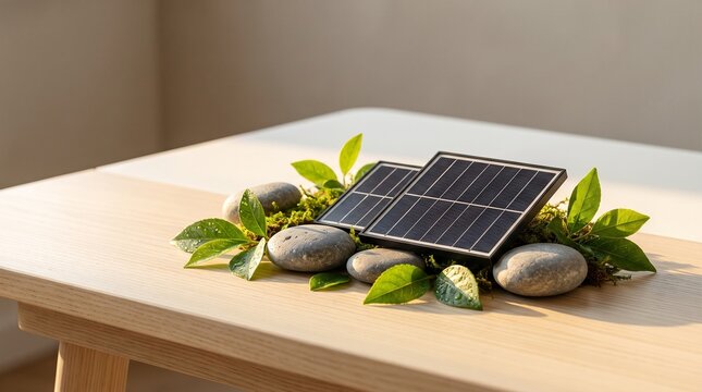 Small photovoltaic solar panels decorated with smooth stones and fresh green leaves on a light wooden table, representing green technology, eco-friendly energy, and sustainable innovation.