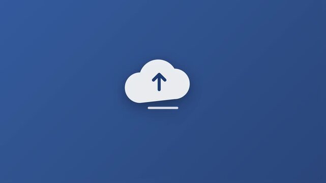 Cloud upload icon animation with a blue background representing digital data transfer storage and internet communication concepts for modern software interfaces and websites
