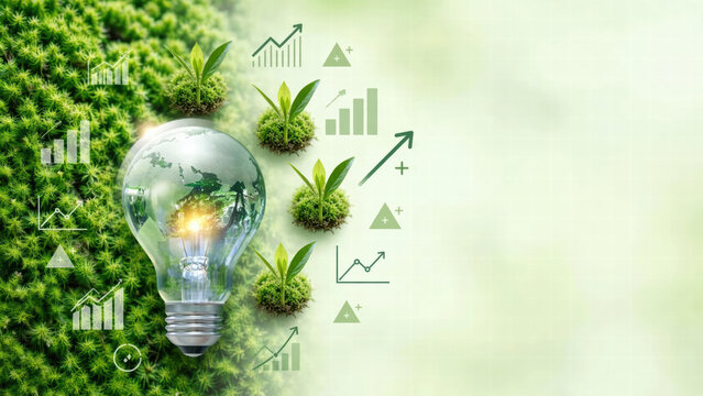 Green plant light bulb eco concept growth chart sustainability renewable energy green background business growth energy saving ecology