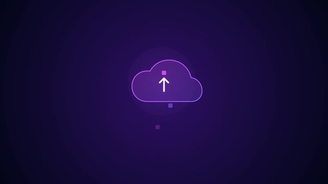 Cloud data upload animation featuring glowing purple icon with upward arrow and pixel squares moving inside digital network system for storage server concept