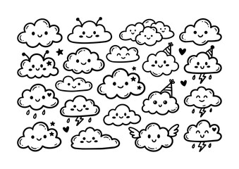 Obraz premium Cute Cartoon Cloud Doodles Collection with Happy Facial Expressions.
