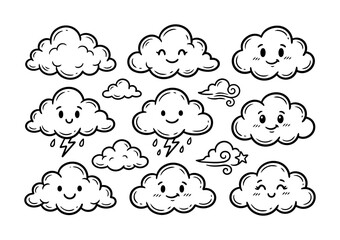Fototapeta premium Cute Cartoon Cloud Doodles Set with Happy Faces Weather Elements and Lightning.