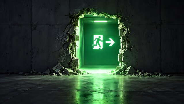 Glowing green emergency exit sign revealed through smashed concrete wall representing breakthrough solution and freedom from crisis